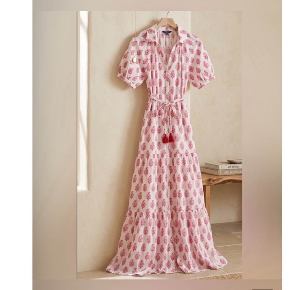 Roller Rabbit Dress Women L Pink Block Print Maxi Tiered Tassel Cotton Target